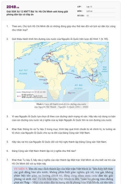 Giải SGK Sử 12 KNTT Bài 16: Hồ Chí Minh-anh hùng giải phóng dân tộc có đáp án