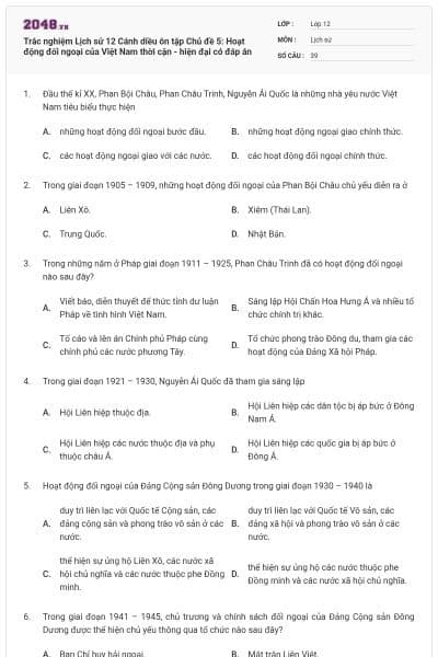 Trắc nghiệm Lịch sử 12 Cánh diều ôn tập Chủ đề 5: Hoạt động đối ngoại của Việt Nam thời cận - hiện đại có đáp án