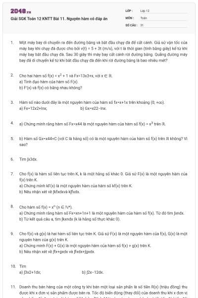 Giải SGK Toán 12 KNTT Bài 11. Nguyên hàm có đáp án