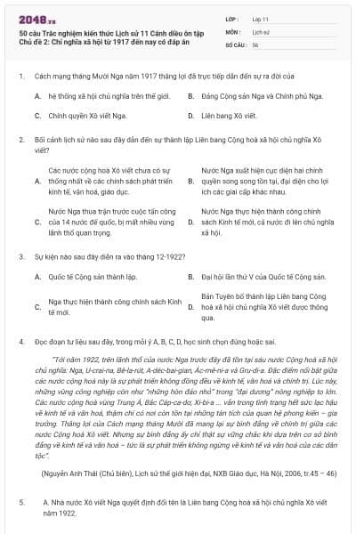 50 câu Trắc nghiệm kiến thức Lịch sử 11 Cánh diều ôn tập Chủ đề 2: Chỉ nghĩa xã hội từ 1917 đến nay có đáp án
