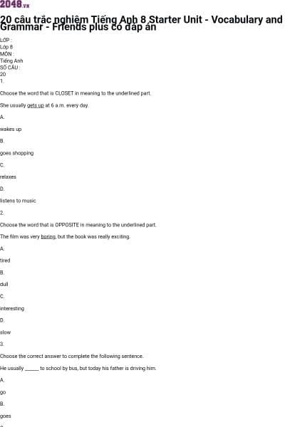 20 câu trắc nghiệm Tiếng Anh 8 Starter Unit - Vocabulary and Grammar - Friends plus có đáp án