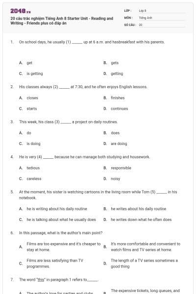 20 câu trắc nghiệm Tiếng Anh 8 Starter Unit - Reading and Writing - Friends plus có đáp án