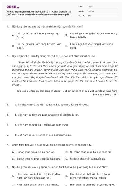 95 câu Trắc nghiệm kiến thức Lịch sử 11 Cánh diều ôn tập Chủ đề 4: Chiến tranh bảo vệ tổ quốc và chiến tranh giải phóng dân tộc trong lịch sử Việt Nam (trước Cách mạng tháng 8 năm 1945) có đáp án