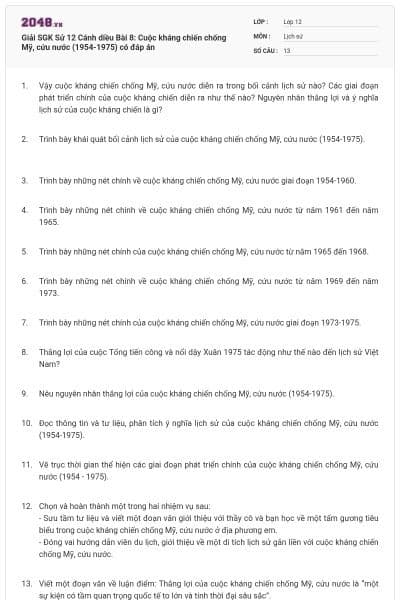 Giải SGK Sử 12 Cánh diều Bài 8: Cuộc kháng chiến chống Mỹ, cứu nước (1954-1975) có đáp án