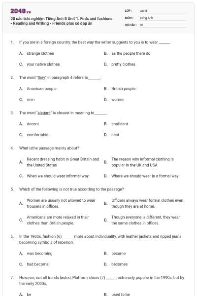 20 câu trắc nghiệm Tiếng Anh 8 Unit 1. Fads and fashions - Reading and Writing - Friends plus có đáp án