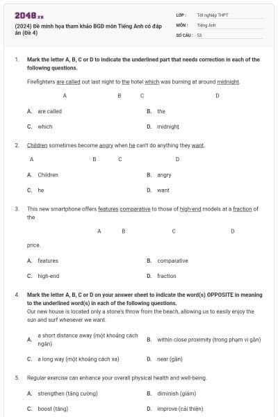 (2024) Đề minh họa tham khảo BGD môn Tiếng Anh có đáp án (Đề 4)