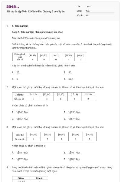 Bài tập ôn tập Toán 12 Cánh diều Chương 3 có đáp án