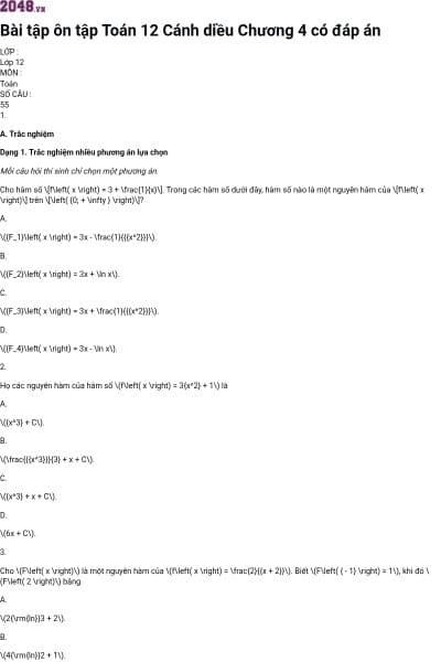 Bài tập ôn tập Toán 12 Cánh diều Chương 4 có đáp án