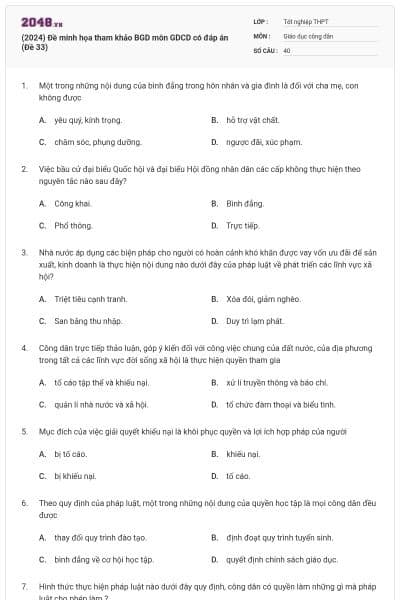 (2024) Đề minh họa tham khảo BGD môn GDCD có đáp án (Đề 33)