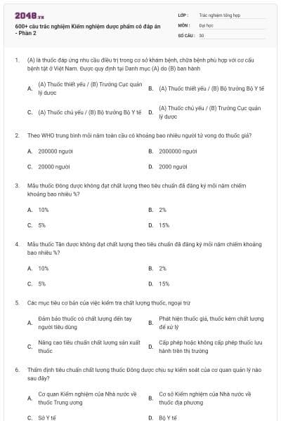 600+ câu trắc nghiệm Kiểm nghiệm dược phẩm có đáp án - Phần 2