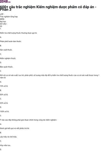 600+ câu trắc nghiệm Kiểm nghiệm dược phẩm có đáp án - Phần 3