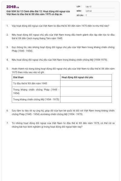 Giải SGK Sử 12 Cánh diều Bài 12: Hoạt động đối ngoại của Việt Nam từ đầu thế kỉ XX đến năm 1975 có đáp án