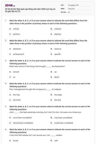 30 đề thi thử thpt quốc gia tiếng anh năm 2020 cực hay có lời giải (Đề số 27)