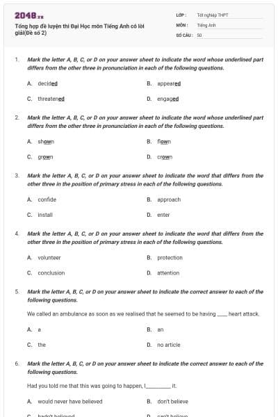 Tổng hợp đề luyện thi Đại Học môn Tiếng Anh có lời giải(Đề số 2)