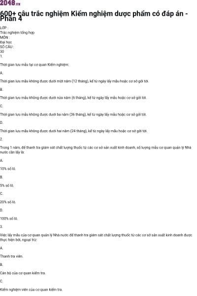 600+ câu trắc nghiệm Kiểm nghiệm dược phẩm có đáp án - Phần 4