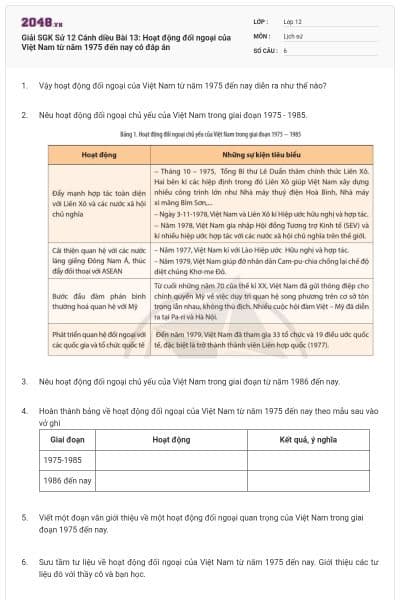 Giải SGK Sử 12 Cánh diều Bài 13: Hoạt động đối ngoại của Việt Nam từ năm 1975 đến nay có đáp án