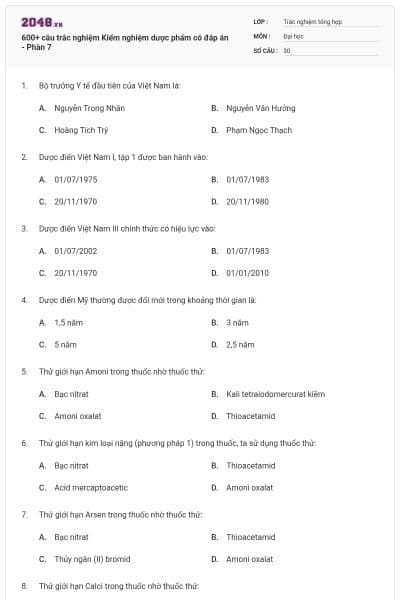 600+ câu trắc nghiệm Kiểm nghiệm dược phẩm có đáp án - Phần 7