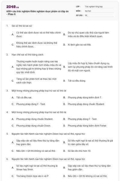 600+ câu trắc nghiệm Kiểm nghiệm dược phẩm có đáp án - Phần 8