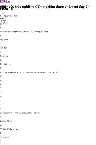 600+ câu trắc nghiệm Kiểm nghiệm dược phẩm có đáp án - Phần 10