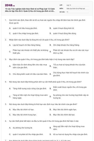 10 câu  Trắc nghiệm kiến thức Kinh tế và Pháp luật 12 Cánh diều ôn tập Chủ đề 6: Quản lý thu chi trong gia đình có đáp án