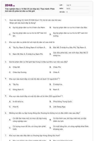 Trắc nghiệm Địa Lí 10 Bài 25 (có đáp án): Thực hành: Phân tích bản đồ phân bố dân cư thế giới