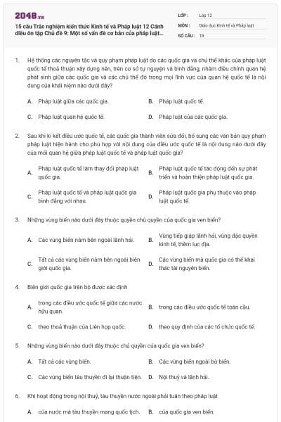 15 câu  Trắc nghiệm kiến thức Kinh tế và Pháp luật 12 Cánh diều ôn tập Chủ đề 9: Một số vấn đề cơ bản của pháp luật quốc tế có đáp án