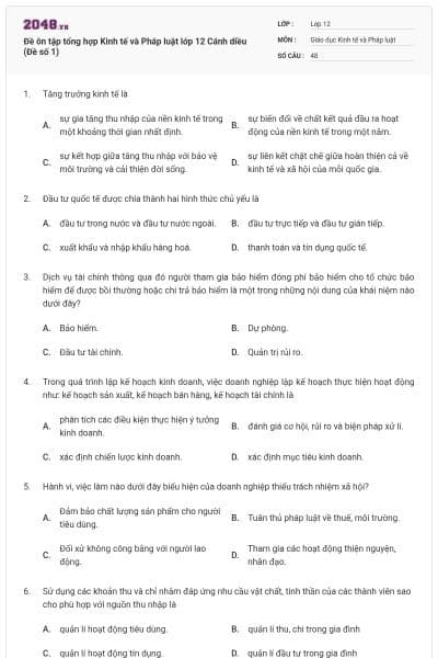 Đề ôn tập tổng hợp Kinh tế và Pháp luật lớp 12 Cánh diều (Đề số 1)