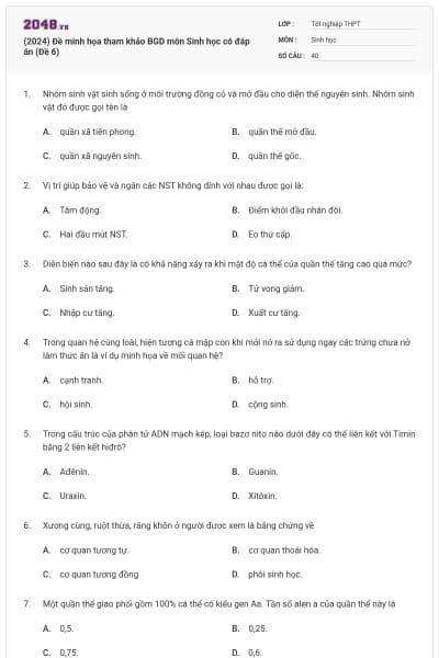 (2024) Đề minh họa tham khảo BGD môn Sinh học có đáp án (Đề 6)