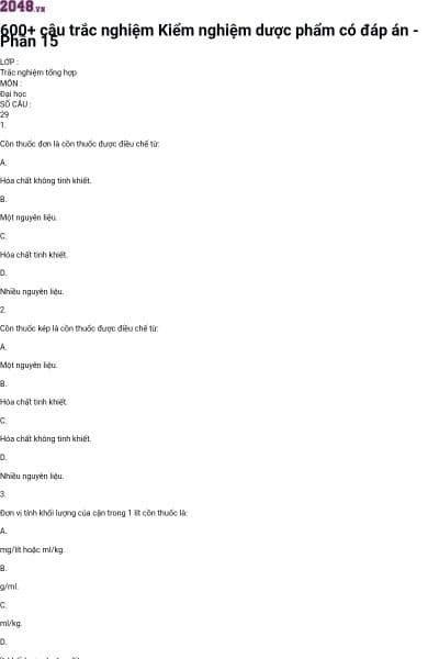 600+ câu trắc nghiệm Kiểm nghiệm dược phẩm có đáp án - Phần 15