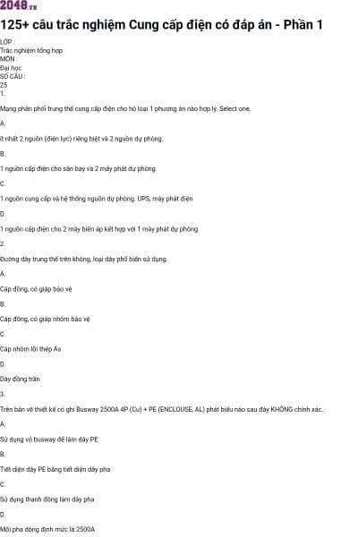 125+ câu trắc nghiệm Cung cấp điện có đáp án - Phần 1