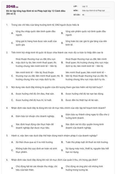 Đề ôn tập tổng hợp Kinh tế và Pháp luật lớp 12 Cánh diều (Đề số 3)