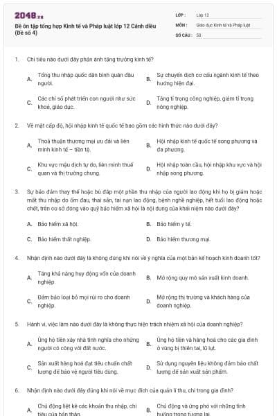 Đề ôn tập tổng hợp Kinh tế và Pháp luật lớp 12 Cánh diều (Đề số 4)