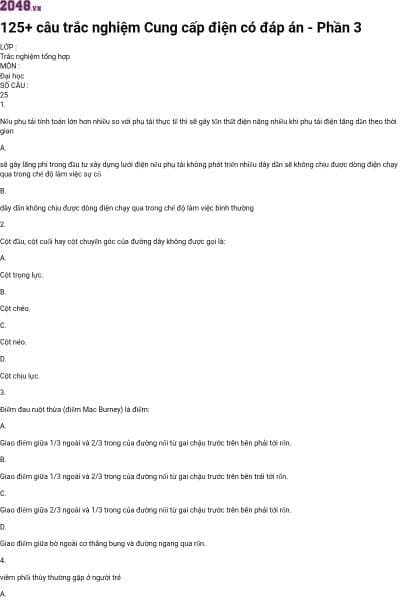 125+ câu trắc nghiệm Cung cấp điện có đáp án - Phần 3