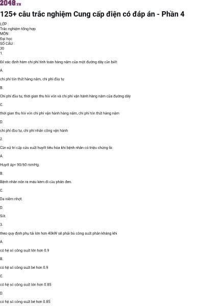 125+ câu trắc nghiệm Cung cấp điện có đáp án - Phần 4