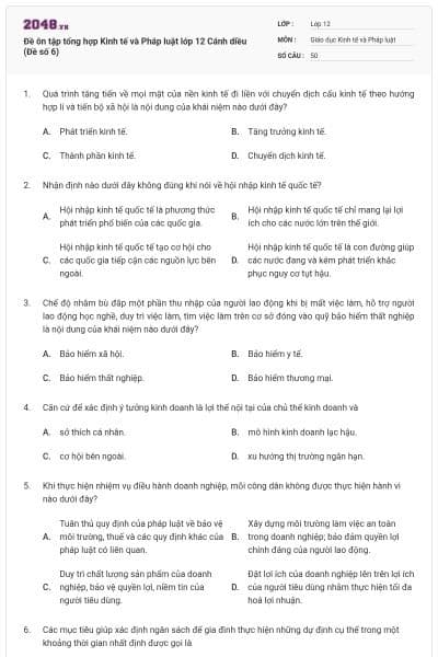 Đề ôn tập tổng hợp Kinh tế và Pháp luật lớp 12 Cánh diều (Đề số 6)