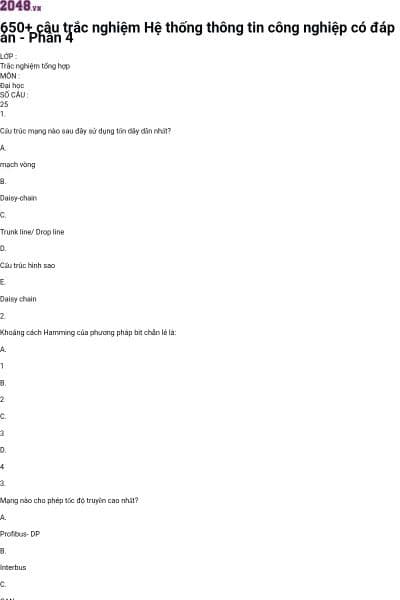 650+ câu trắc nghiệm Hệ thống thông tin công nghiệp có đáp án - Phần 4
