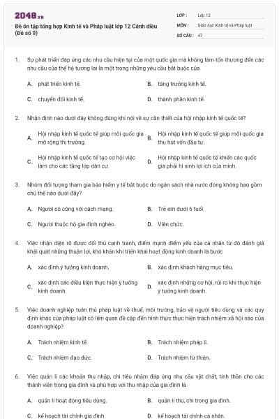 Đề ôn tập tổng hợp Kinh tế và Pháp luật lớp 12 Cánh diều (Đề số 9)