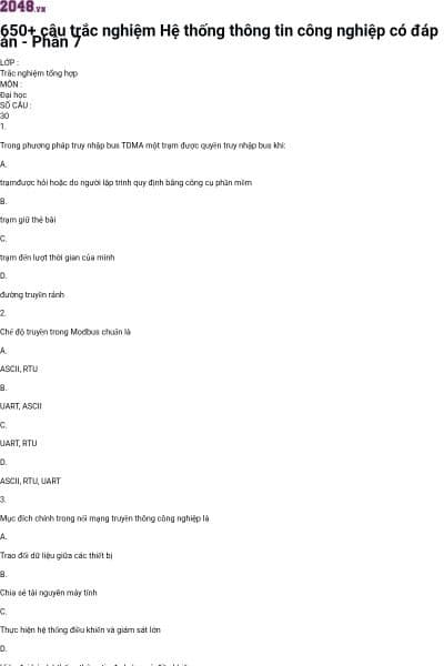 650+ câu trắc nghiệm Hệ thống thông tin công nghiệp có đáp án - Phần 7