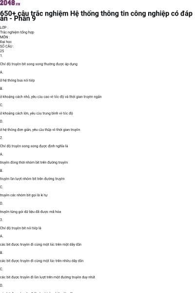650+ câu trắc nghiệm Hệ thống thông tin công nghiệp có đáp án - Phần 9