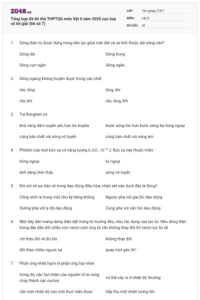 Tổng hợp đề thi thử THPTQG môn Vật lí năm 2020 cực hay có lời giải (Đề số 7)