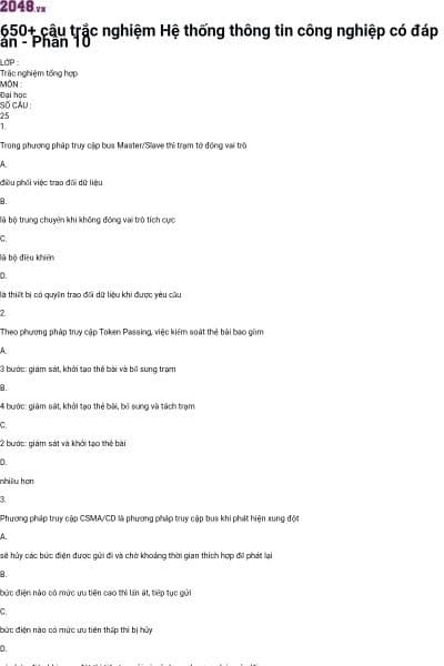 650+ câu trắc nghiệm Hệ thống thông tin công nghiệp có đáp án - Phần 10