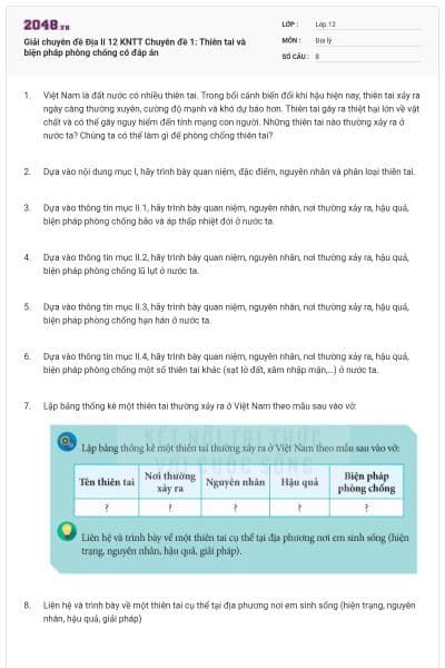 Giải chuyên đề Địa lí 12 KNTT Chuyên đề 1: Thiên tai và biện pháp phòng chống có đáp án