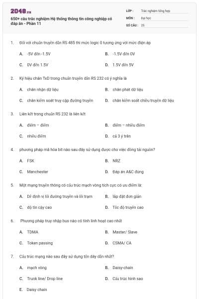 650+ câu trắc nghiệm Hệ thống thông tin công nghiệp có đáp án - Phần 11