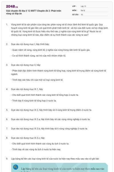 Giải chuyên đề Địa lí 12 KNTT Chuyên đề 2: Phát triển vùng có đáp án