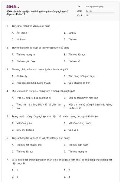 650+ câu trắc nghiệm Hệ thống thông tin công nghiệp có đáp án - Phần 12