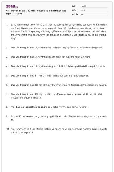 Giải chuyên đề Địa lí 12 KNTT Chuyên đề 3: Phát triển làng nghề có đáp án