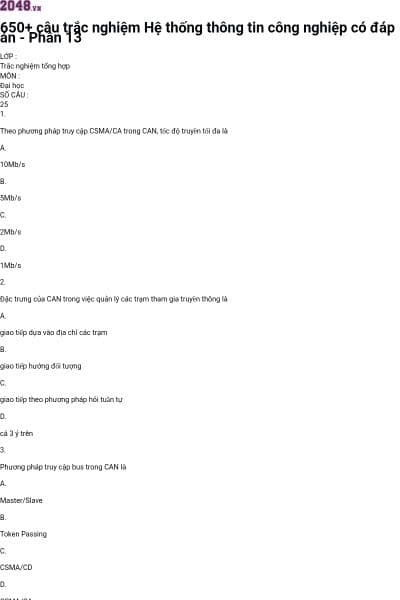 650+ câu trắc nghiệm Hệ thống thông tin công nghiệp có đáp án - Phần 13