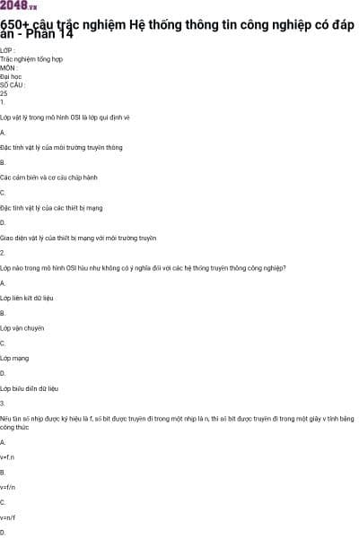 650+ câu trắc nghiệm Hệ thống thông tin công nghiệp có đáp án - Phần 14