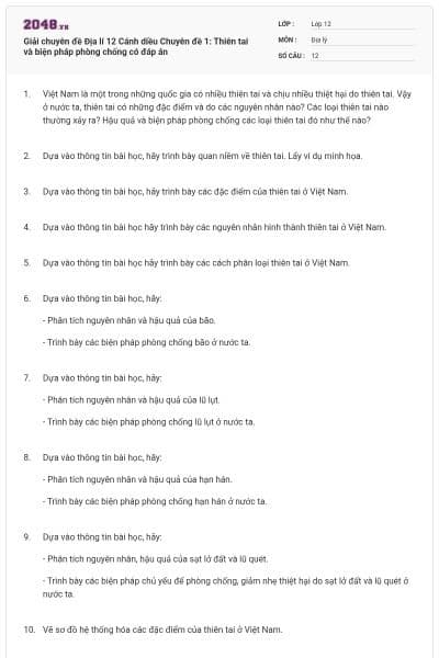 Giải chuyên đề Địa lí 12 Cánh diều Chuyên đề 1: Thiên tai và biện pháp phòng chống có đáp án