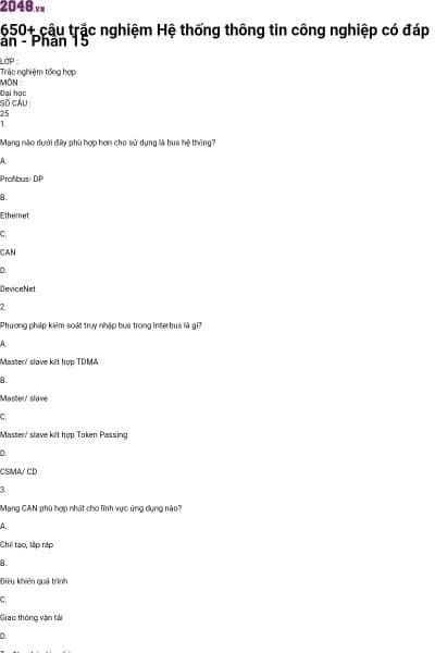 650+ câu trắc nghiệm Hệ thống thông tin công nghiệp có đáp án - Phần 15